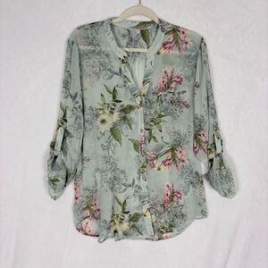 Kut From The Kloth Green with White & Pink Floral Print Button Front Blouse Top